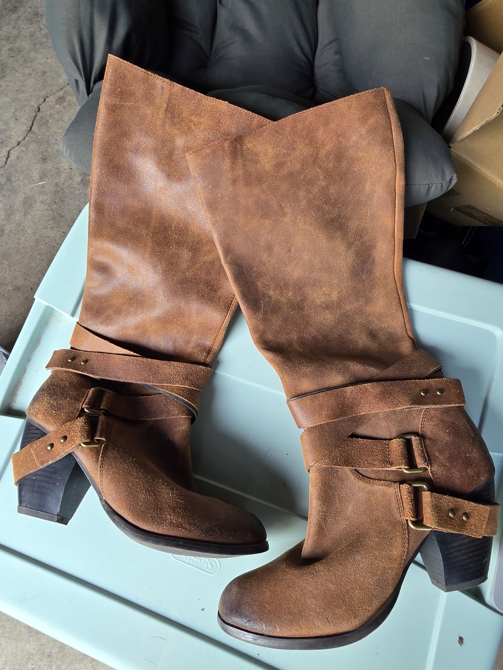 Fergie Cognac Brown Leather Mid-Calf Buckle Heeled Boots